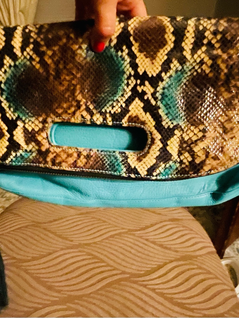 Vince Camuto Turquoise Snake-Print Foldover Clutch